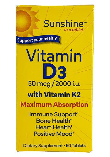Sunshine Vitamin D3 50 mcg (2000 IU) w/Vitamin K2 Tablets - Sterling Distributors