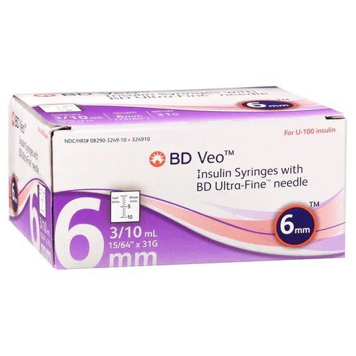 BD Veo Insulin Syringes W Ultra - Fine Needle 6mm 31g 3/10 100/Box 1/2 Unit Marking - Sterling Distributors