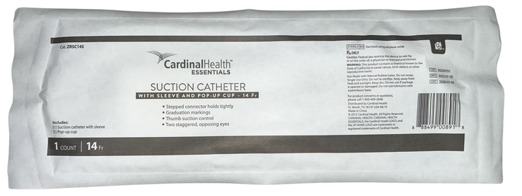 Cardinal Health Essentials Suction Catheter With Sleeve And Pop-up Cup, 14 Fr
