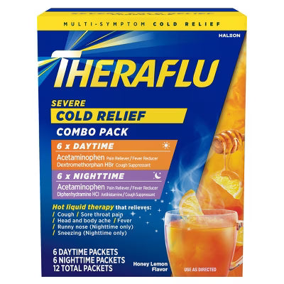 Theraflu Multi Symptom Severe Cold Relief Day + Nightime Powder Packets, Honey Lemon, 12 Ct