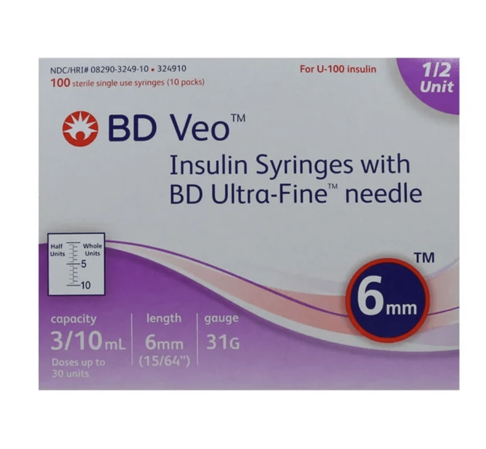 BD Veo Insulin Syringes W Ultra-Fine Needle 6mm 31g 3/10 100/Box - Sterling Distributors