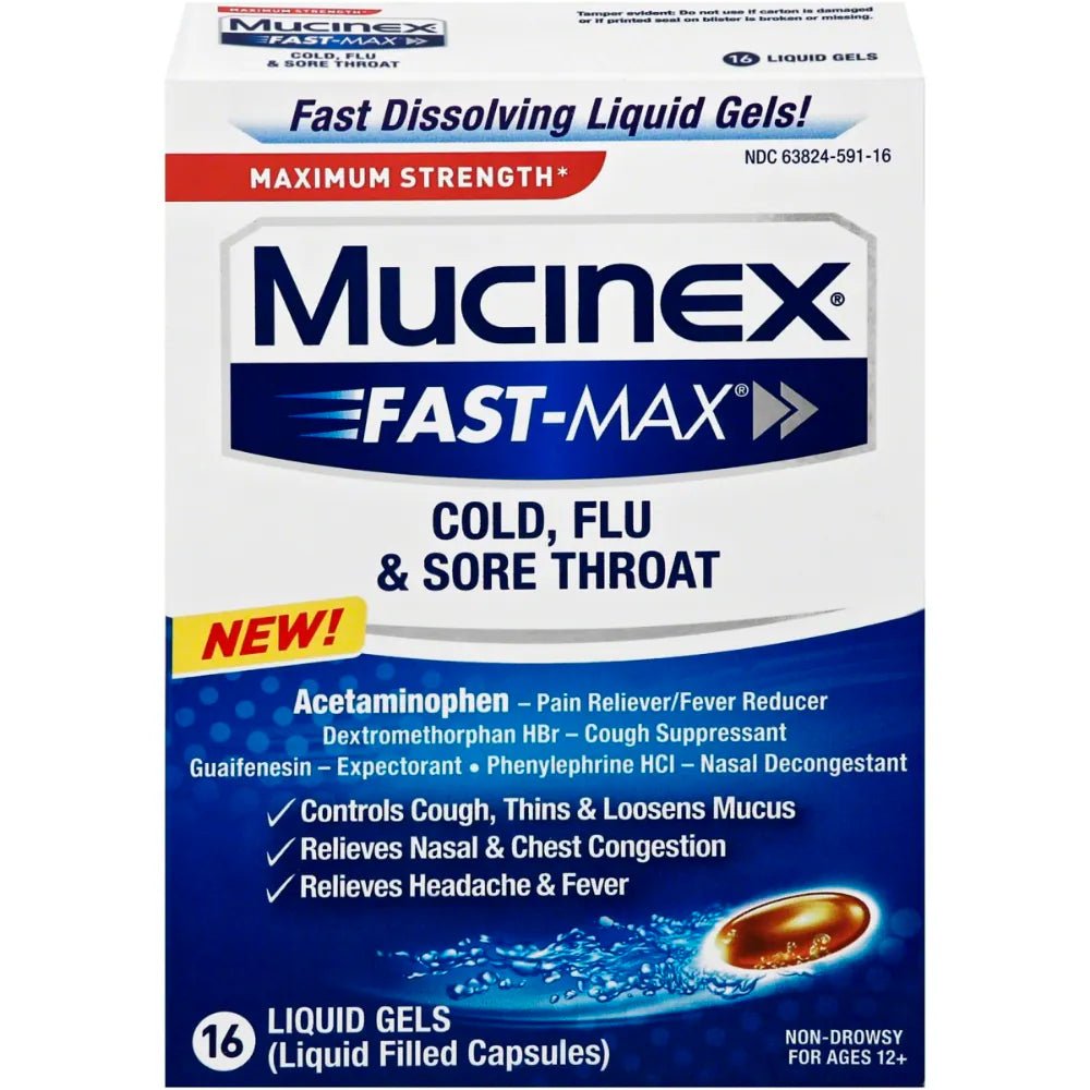 Mucinex Fast - Max Cold and Flu Sore Throat Liquid Gels, 16 ct - Sterling Distributors