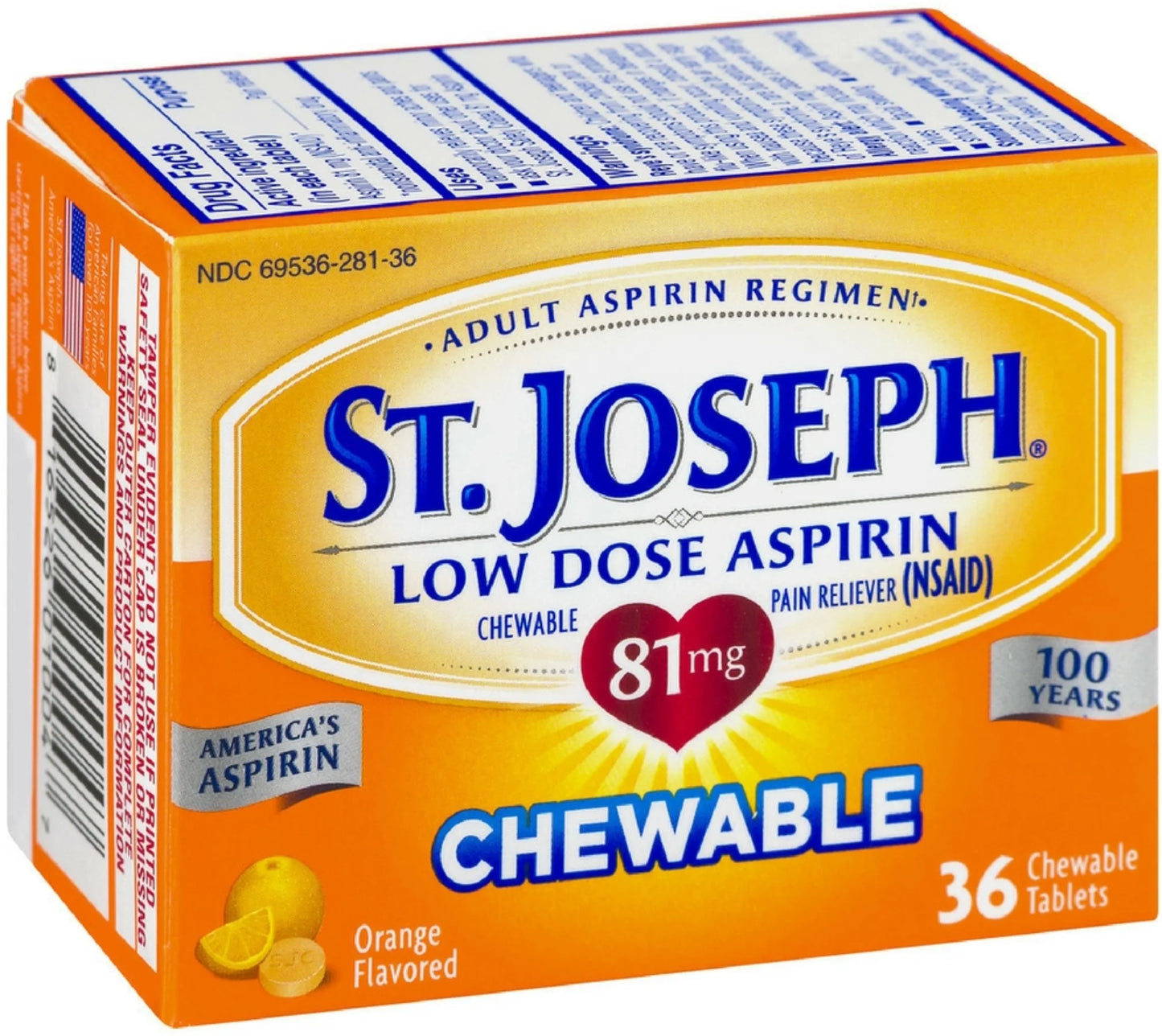 St Joseph Low Dose Aspirin 81mg Chewable Tablets Orange 36ct - Sterling Distributors