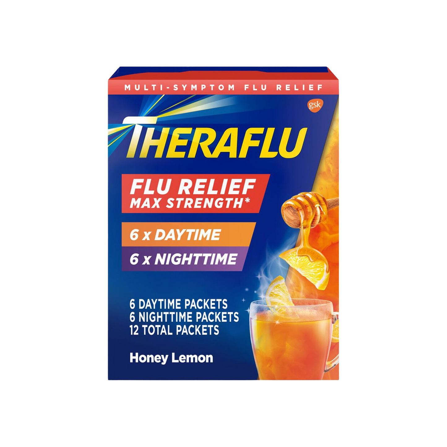 Theraflu Max Strength Day + Nightime Flu Relief Powder Packets, Honey Lemon, 12 Ct - Sterling Distributors