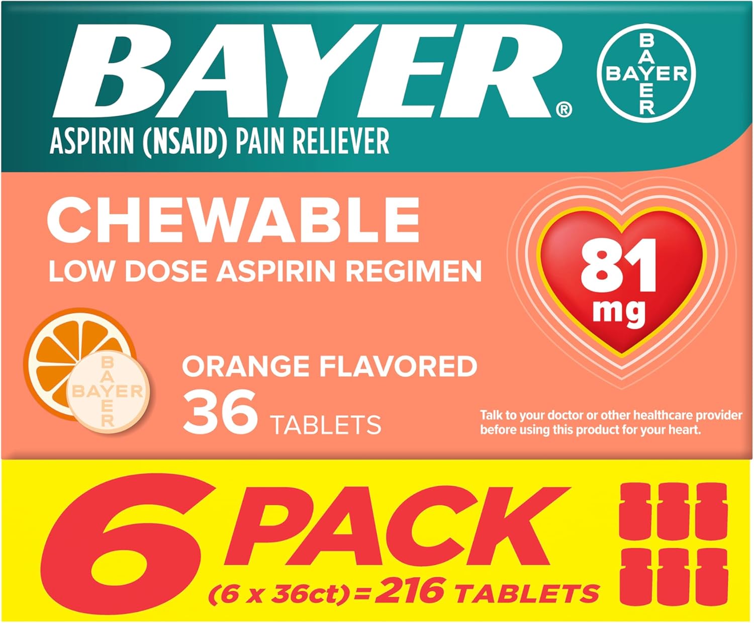 Bayer Chewable Aspirin 81mg Orange 6x 36ct (216ct Total) - Sterling Distributors