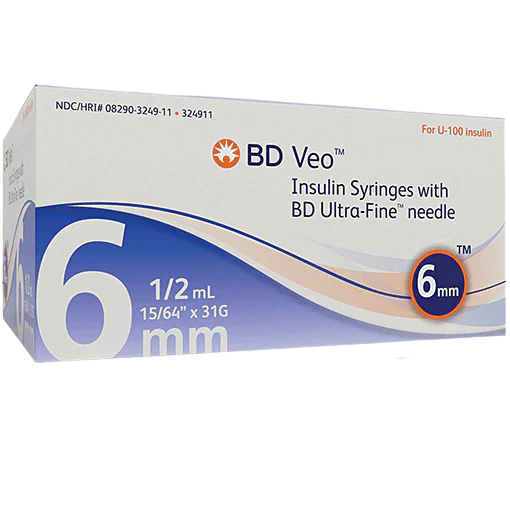 BD VEO Insulin Syringes With Ultra-Fine Needle 6mm 31g 15/64" 100/Box