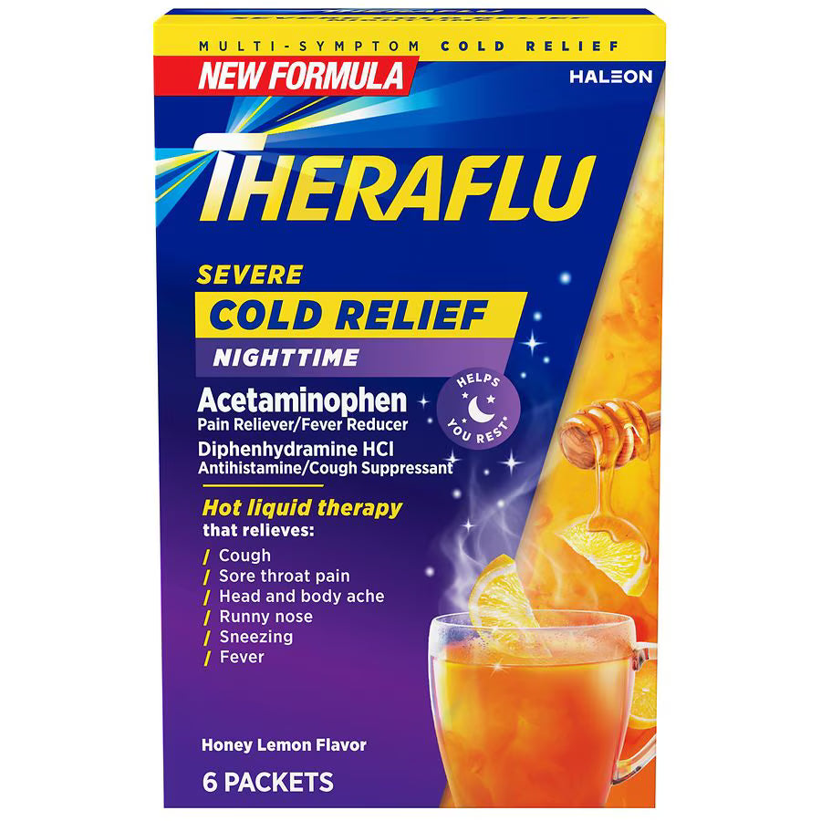 Theraflu Nightime Severe Cold Relief Powder Packets, Honey Lemon, 6 ct