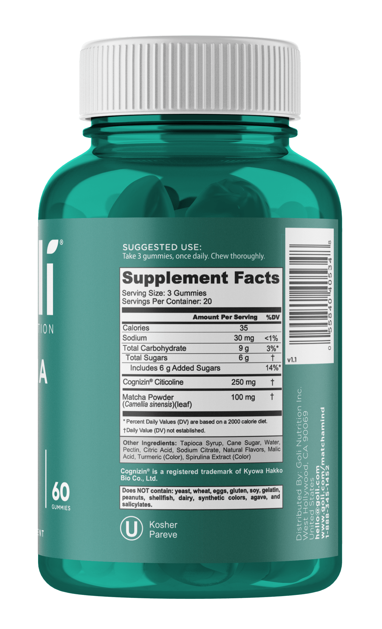 Goli Matcha Mind Cognitive Gummies 60ct  - Sterling Distributors